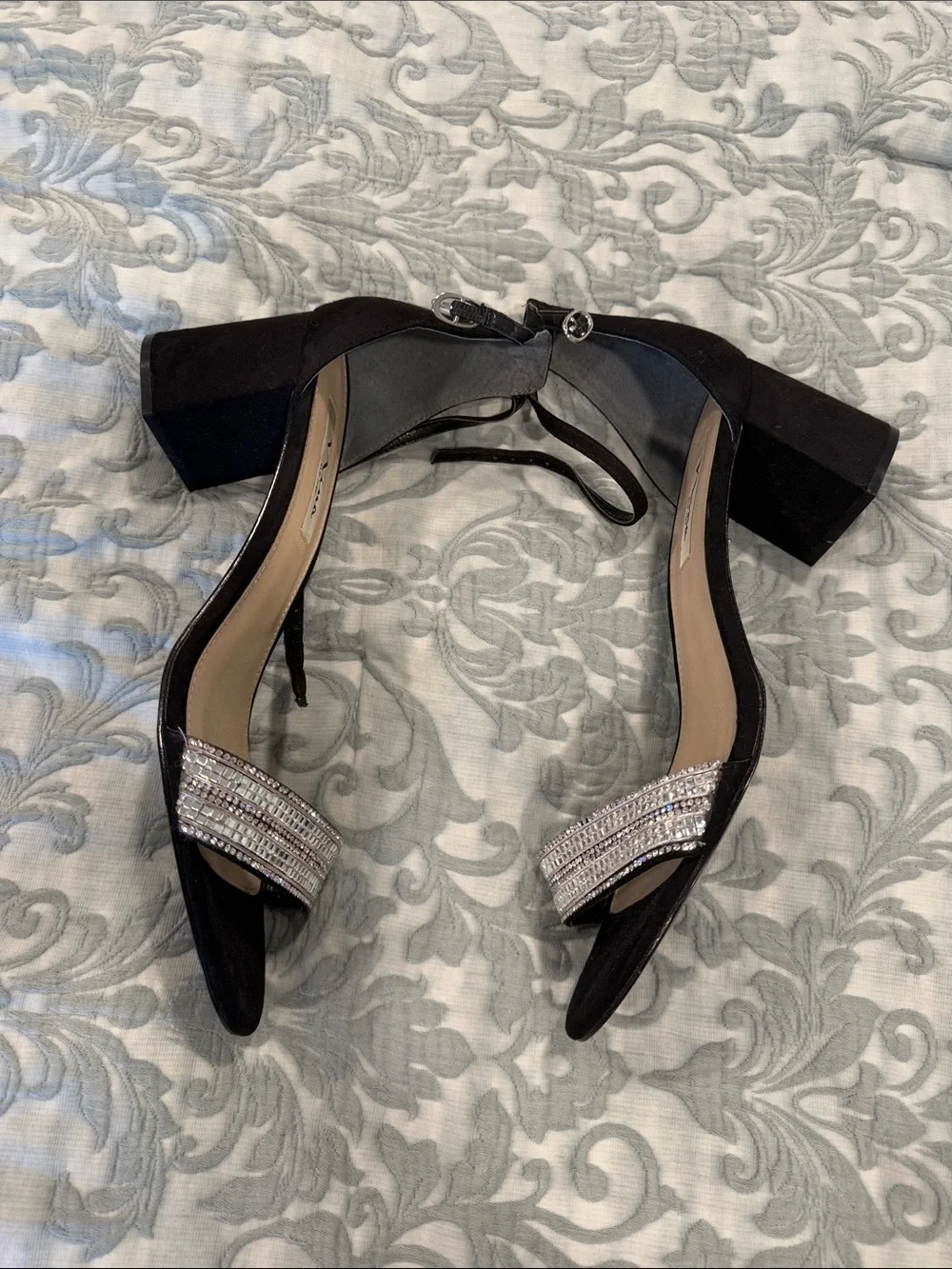 Nina Black Ankle-Strap Sandals with Silver Crystal Band